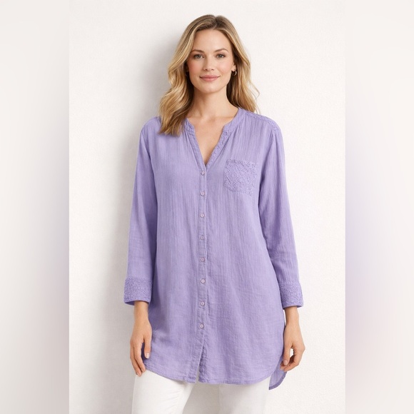 Soft Surroundings Tops - Soft Surroundings Lilac Periwinkle Gauze Lace Trim Button Front Tunic Top L
